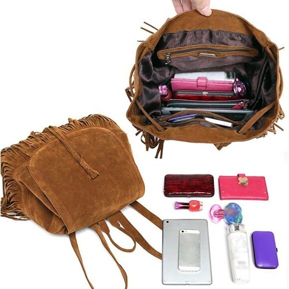 ✨Women Brown Leather Suede Fringed Tassel Backpack Purse Fashion Shoulder Bag - Picture 4 of 7